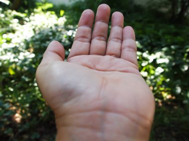 Kadının sol eli işaret ediyor, Bokeh yeşili arka plan, Kapat ve makro çekim, Seçici odak, Vücut Dili Kavramı