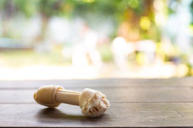 Köpek kemiği, köpek maması, çiğ köpek bokeh yeşil bahçesinde ahşap masa dokusunu ısırıyor, yakın çekim ve Makro atış, seçici odak, atıştırmalık köpek konsepti.
