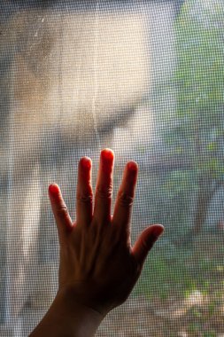Woman's left hand touching dust Dirty mosquito wire screen window, Light & Shadow shot, Silhouette, Close up shot