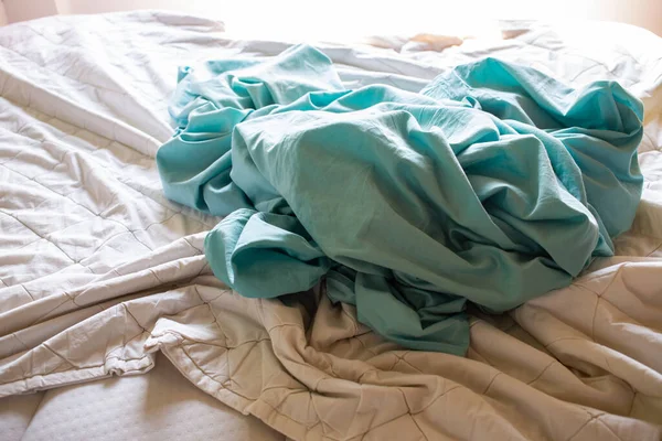 Laundry Used Ivory Pillow Used Turquoise Crumpled Bed Sheet White — Stock Photo, Image