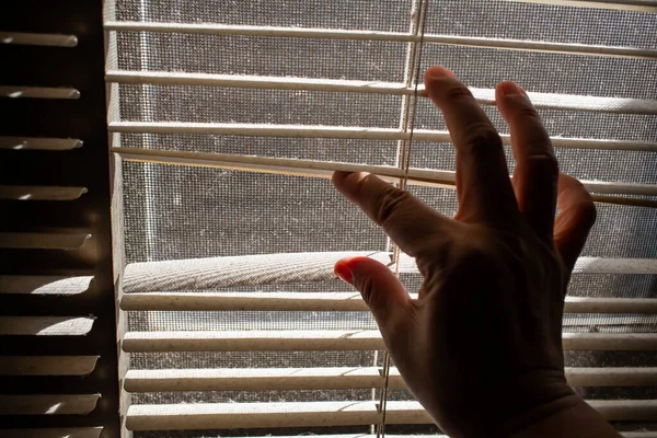 Mano Derecha Mujer Que Abre Las Persianas Polvo Dentro Una — Foto de Stock