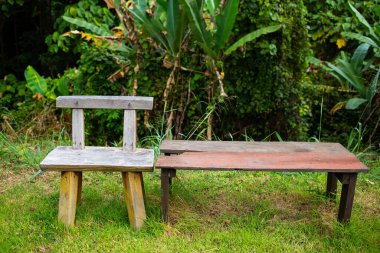 Çim desenli arka planda el yapımı ahşap sandalye
