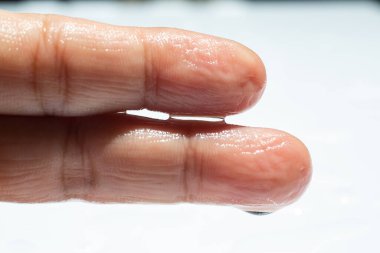 Woman's wet left hand with water drops on middle finger,  White acrylic background, Close up & Macro shot, Selective focus, Asian Body skin part, Relaxing Bath, Healthcare concept