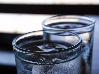 Two cold water glass with ice cubes, Water drops, Close up & Macro shot, Selective focus, Healthy Drink concept