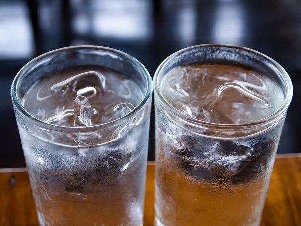 Two Cold Water Glass Ice Cubes Water Drops Close Macro — Stock Photo, Image