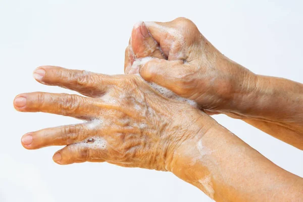 Senior Woman Hands Washing Her Hands Using Soap Foam Step — Stock Photo, Image