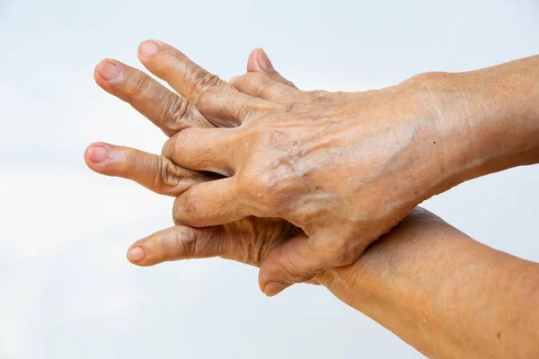 Senior Woman Hands Washing Her Hands Step White Background Close — Stock Photo, Image