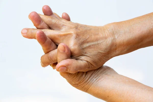 Senior Woman Hands Washing Her Hands Step White Background Close — Stock Photo, Image