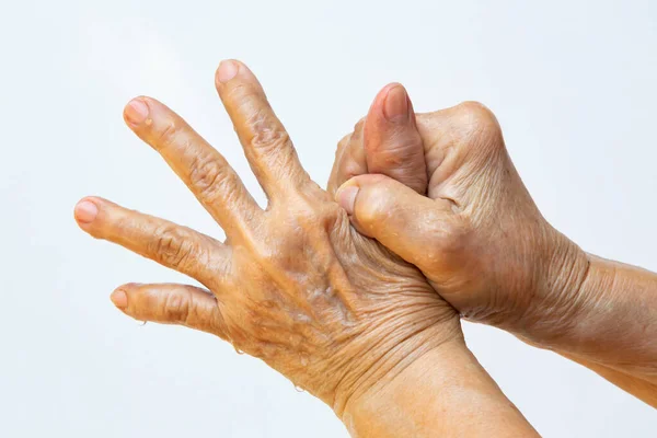 Senior Woman Hands Washing Her Hands Step White Background Close — Stock Photo, Image