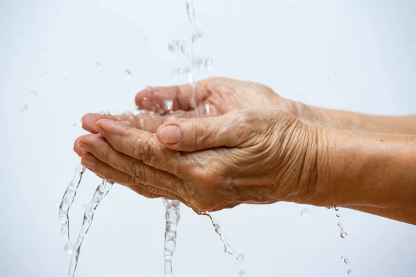 Senior Woman Washing Her Hands White Background Close Macro Shot — Stock Photo, Image