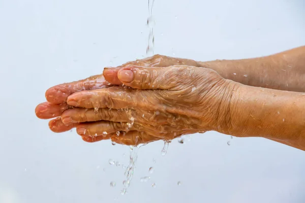 Senior Woman Washing Her Hands White Background Close Macro Shot — Stock Photo, Image