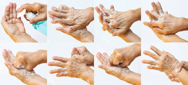 Руки Пожилой Женщины Мыть Руки Помощью Мыла Пены Шаг Шагом — стоковое фото