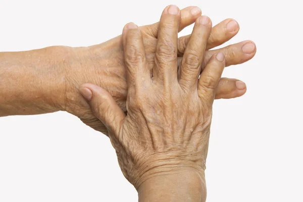 Руки Старшої Жінки Миють Руки Крок Кроком Білому Тлі Крупним — стокове фото
