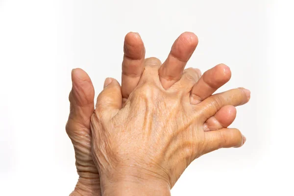 Senior Kvinnans Händer Tvätta Händerna Steg Vit Bakgrund Närbild Makro — Stockfoto