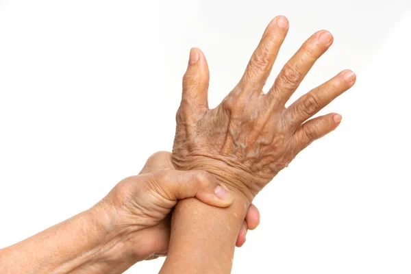 Senior Woman Hands Washing Her Hands Step White Background Close — Stock Photo, Image