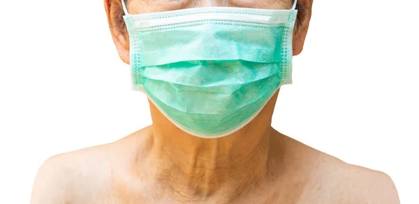 Oudere Vrouw Met Gezichtsmasker Medisch Masker Chirurgisch Masker Witte Achtergrond — Stockfoto