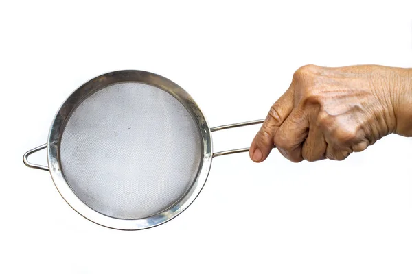 Senior Woman Left Hand Holding Colander Stainless Sieve Cooking White Royalty Free Stock Images
