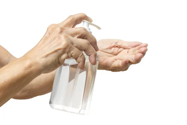 Senior Kvinnans Hand Trycker Flaska Handdesinfektionsmedel Gel Pump Dispenser För — Stockfoto