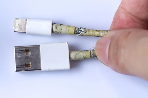 Woman Hand Hold Damaged White Usb Cable Plug Micro Usb — 스톡 사진