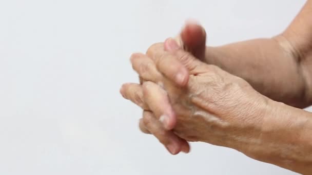 Senior Woman Hands Washing Her Hands Using Soap Foam White — Stock Video