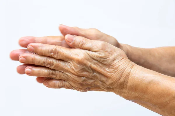 Suddig Senior Kvinnans Händer Tvätta Händerna Med Tvålskum Steg Vit Royaltyfria Stockbilder