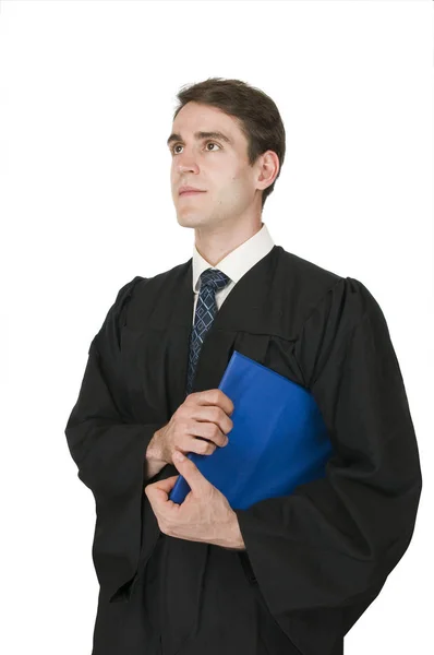 Человек в халате и синей подушечке на белом — стоковое фото
