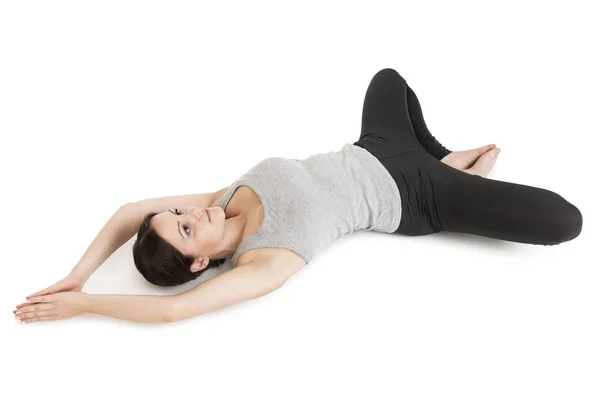 Yoga woman gray_supta baddha konasana_left — Stock Photo, Image