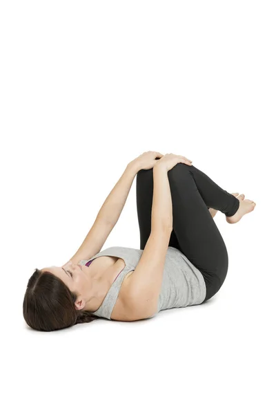 Yoga woman gray_anada balasana_knees up — Stock Photo, Image