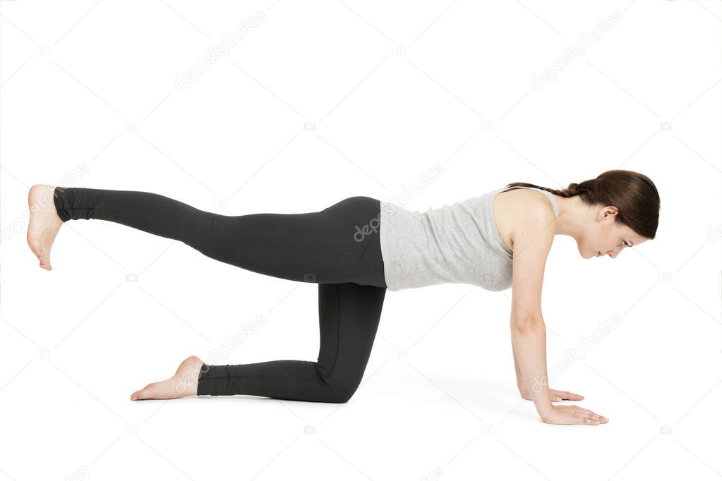 Yoga woman grey Position Vyaghrasana active cat