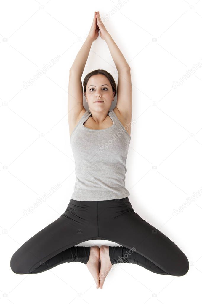Yoga woman gray_supta baddha konasana_top view