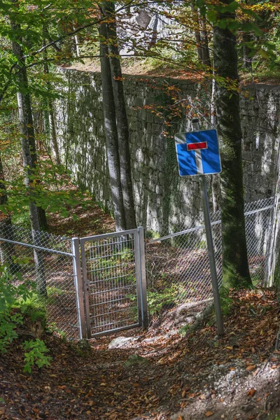 Vista Del Paisaje Bosque Con Valla Valla Muro Letrero Sin — Foto de Stock