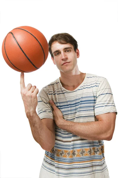 Frontal Torso View Young Man Striped Shirt Balancing Basketball His — Stock Photo, Image