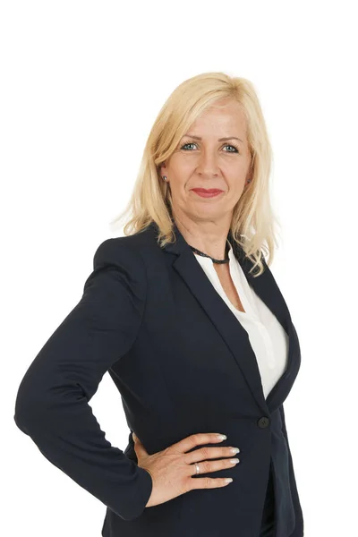 Lateral Torso View Blonde Long Haired Middle Aged Woman Black — Stock Photo, Image