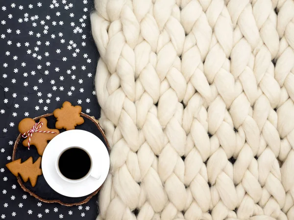 Gemütliche Komposition Nahaufnahme Merinowolle Decke Warme Und Komfortable Atmosphäre Strickhintergrund — Stockfoto