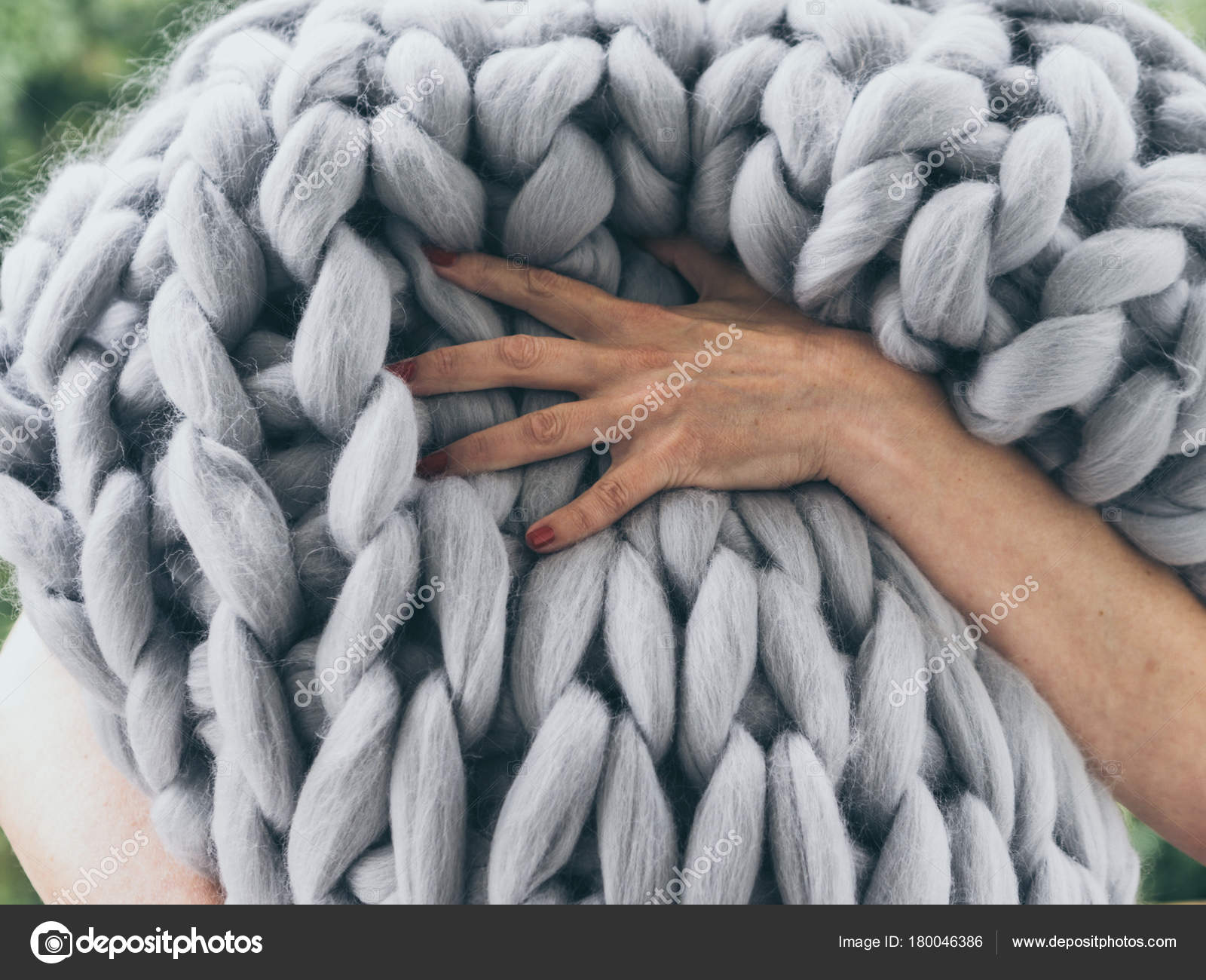 Merino Wool Handmade Knitted Large Blanket Super Chunky Yarn Trendy Stock Photo
