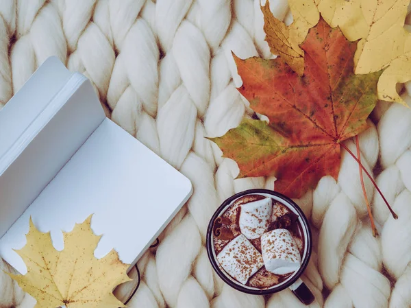 Composición Acogedora Chocolate Caliente Con Malvaviscos Manta Lana Merino Ambiente —  Fotos de Stock