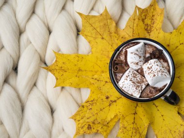 Rahat kompozisyon, sıcak çikolata şekerleme, Merinos yün battaniye, sıcak ve rahat bir atmosfer ile. Arka plan örgü. Düz yatıyordu. Üstten Görünüm. Uzay kopyalayın. Sonbahar konsepti.