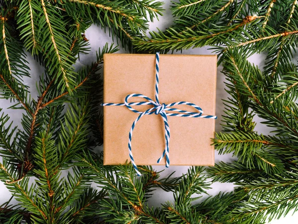 Csomagolt vintage ajándékdoboz kék szalaggal és fenyőággal. Karácsonyi lakás feküdt. — Stock Fotó