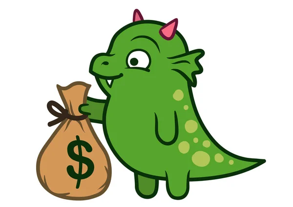 Carino amichevole drago verde mostro in possesso di denaro borsa — Vettoriale Stock