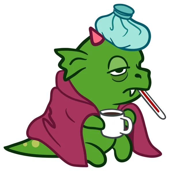 Carino drago mostro malato con pacchetto di ghiaccio — Vettoriale Stock