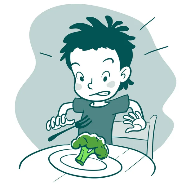 Picky mangiatore ragazzo che si rifiuta di mangiare broccoli — Vettoriale Stock