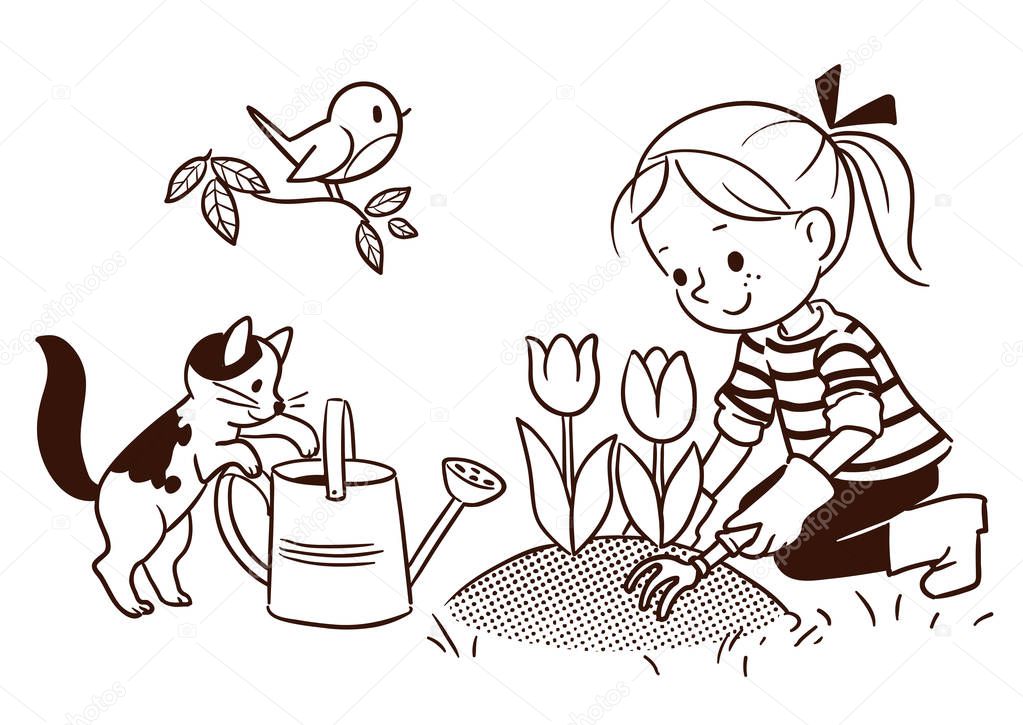 Line cartoon drawing of a small girl gardening in spring