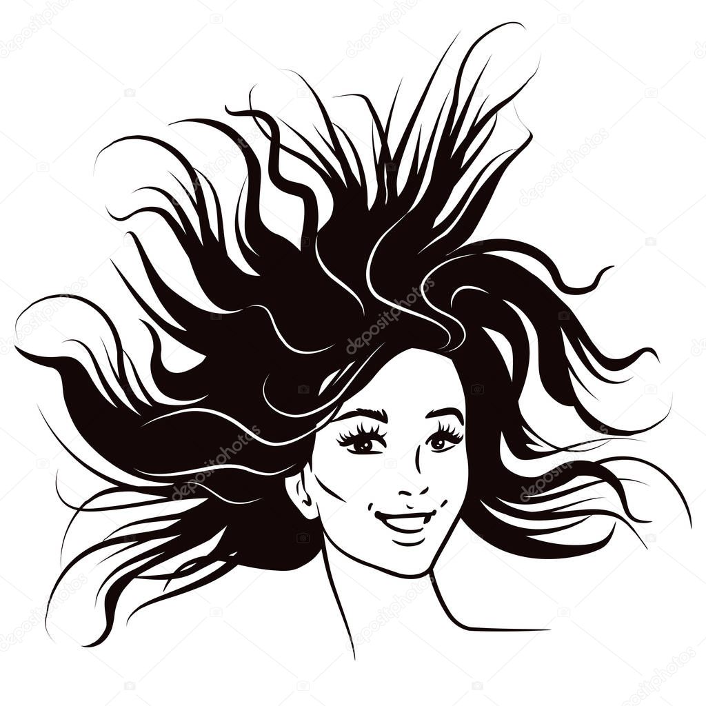 Black and white pen and ink style fashion female portrait.  Attractive smiling confident young woman with long hair.