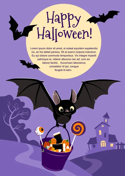 Vektorové ilustrace roztomilé létající bat černá, nesoucí kbelík s candy Halloween pozadí fialové krajiny s lesy a strašidelný dům. Halloween s motivem prázdná šablona — Stockový vektor