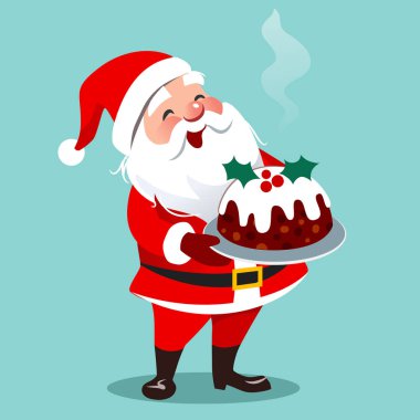 Mutlu Noel Baba ayakta tutan geleneksel İngilizce Noel meyveli kek aqua üzerinde izole bir tepside vektör karikatür çizim. Noel Tema tasarım öğesi düz Çağdaş tarzda.