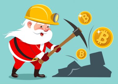 Vektör karikatür çizim Noel Baba incelemesi miğfer kazma madenciliği altın bitcoins ile çalışma