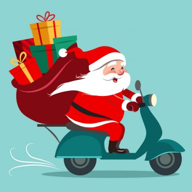 Mutlu Noel Baba bir scooter sürme bir hediye torbayla vektör karikatür çizim. Noel tatil Tema tasarım öğesi için tebrik kartları, afiş, çağdaş düz stil reklamları.