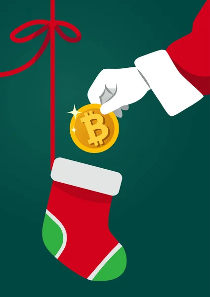 Ilustração vetorial da mão de Papai Noel segurando um bitcoin dourado —  Vetores de Stock