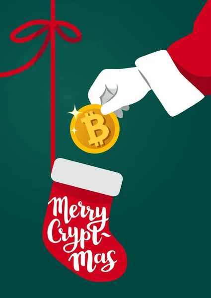 Ilustración vectorial de la mano de Santa Claus sosteniendo un bitcoin dorado — Vector de stock