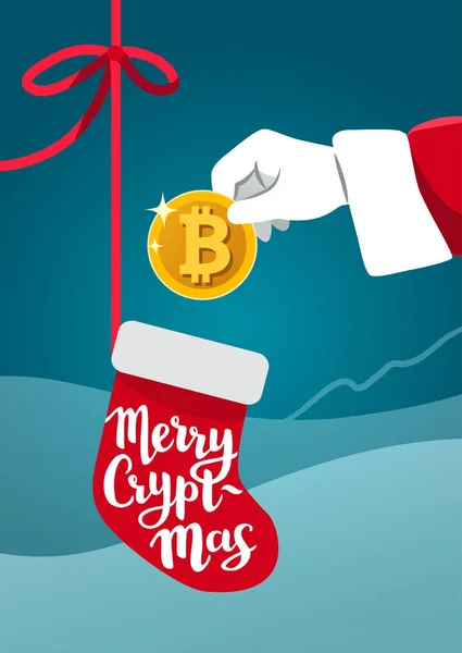 Ilustração vetorial da mão de Papai Noel segurando um bitcoin dourado —  Vetores de Stock